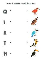 bij elkaar passen alfabet brieven en afbeeldingen. logisch puzzel voor kinderen. schattig vogels. vector