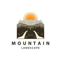 landschap logo natuur avontuur ontwerp berg en rivier- luxe vector illustratie