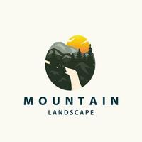 landschap logo natuur avontuur ontwerp berg en rivier- luxe vector illustratie
