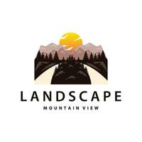 landschap logo natuur avontuur ontwerp berg en rivier- luxe vector illustratie