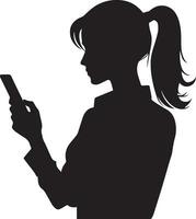 een vrouw staan met cel telefoon vector silhouet