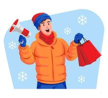 Mens in winter kleren Holding boodschappen doen Tassen en megafoon vector