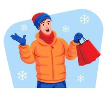 winter uitverkoop en een Mens in warm kleren met boodschappen doen Tassen vector