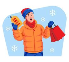 gelukkig jong Mens in winter kleren Holding uitverkoop label en boodschappen doen Tassen vector