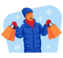 Mens in een winter jasje met winter hoed en sjaal Holding boodschappen doen Tassen vector