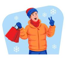 winter uitverkoop en een Mens in warm kleren met boodschappen doen Tassen vector