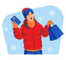 vrouw in een winter jasje met winter hoed en sjaal Holding boodschappen doen Tassen en credit kaart vector