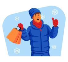 Mens in een winter jasje met winter hoed en sjaal Holding boodschappen doen Tassen vector