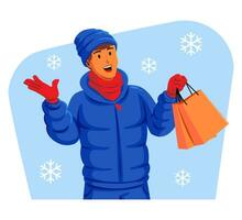 Mens in een winter jasje met winter hoed en sjaal Holding boodschappen doen Tassen vector