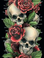 menselijk schedels realistisch met zwart en rood rozen, groen bladeren en zwart takken. hand- getrokken waterverf illustratie. donker, griezelig naadloos bord voor decoratie en ontwerp vector eps