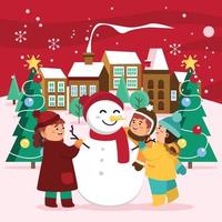 kinderen maken een sneeuwpop buiten het dorpsconcept vector
