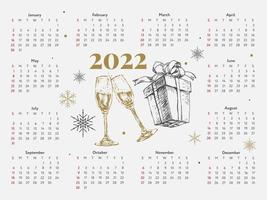 2022 kerstboom nieuwjaar schets kalenderweek begint op zondag. vector