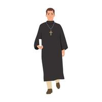 Katholiek priester. voorganger leest gebed, houdt kruis, Bijbel en Evangelie, zegenen parochianen. vector