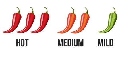 pictogrammen met chili peper kruiden niveaus. hete peperteken voor het verpakken van pittig eten. milde, medium en hete pepersaus indicatoren. vector illustratie