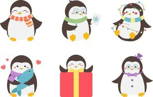 reeks van schattig tekenfilm pinguïns voor Kerstmis en nieuw jaar. pinguïns in sjaals, met potlood, vis, slinger en geschenk. vector illustratie in tekenfilm stijl