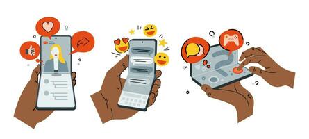 hand- Holding opvouwbaar smartphone sociaal media, chatten en spelen spel werkzaamheid tekenfilm illustratie vector