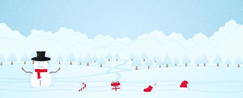 vrolijk kerstfeest, welkom sneeuwpop en spullen op sneeuw, winterlandschap, bomen op heuvel en sneeuw vallen, uitnodigingskaart, papier kunststijl vector