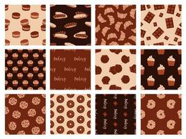 verzameling van naadloos patroon. bakkerij, nagerecht, broodjes, chocola, cupcakes vector