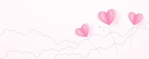 Valentijnsdag, liefde concept achtergrond, papier roze hartvormige ballonnen zwevend in de lucht met cloud, lege ruimte, papier kunststijl vector