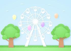 reuzenrad en bomen met kleurrijke ballonnen vliegen, papierkunststijl vector