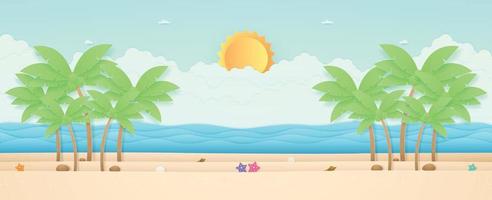 zomertijd, zeegezicht, landschap, zeesterren en kokospalmen op het strand met zee, felle zon aan de hemel, papierkunststijl vector