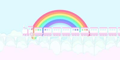 vervoer, roze trein die op de brug loopt met regenboog, blauwe lucht en kleurrijke wolk, papierkunststijl vector
