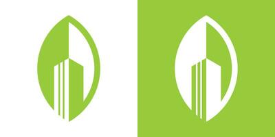 logo ontwerp blad en gebouw negatief ruimte icoon vector illustratie