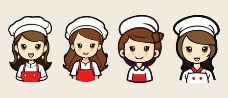 reeks van 4 mooi vrouw illustratie vervelend chef en hoed uniform,. hand- getrokken stijl vector