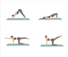 reeks van jong vrouw aan het doen yoga oefening geïsoleerd wit achtergrond vlak vector illustratie. yoga Bij huis voor gezond leven.