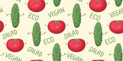vector naadloos patroon met schattig tekenfilm grappig tomaat en komkommer. kinderen gezond voeding concept. baby groente tekens