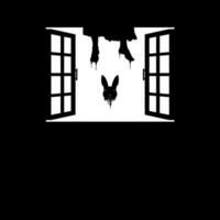 hangende bloederig vrouw poten en vliegend bloederig konijn hoofd Aan de venster silhouet, dramatisch, eng, verschrikking, eng, mysterie, of spookachtig illustratie. kunst illustratie voor verschrikking film film of halloween vector