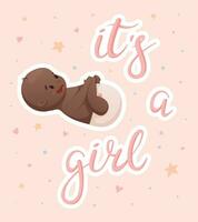 vector illustratie van een pasgeboren Afrikaanse Amerikaans baby in een luier. ansichtkaart of banier met belettering haar een meisje.