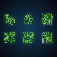 regenwoud planten neon licht iconen set vector