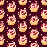 cupcakes schattig naadloos patroon in tekenfilm stijl. vector illustratie achtergrond met cakes en harten.