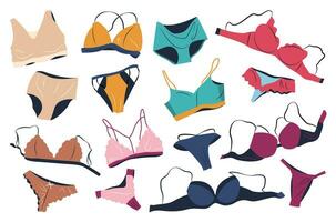 bundel van vrouw lingerie sets geïsoleerd Aan wit achtergrond. verzameling van elegant ondergoed, sexy ondergoed, bh's, bikini en slipje voor Dames. hand- getrokken kleurrijk vlak vector illustraties.