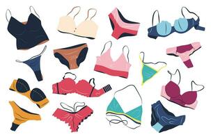 bundel van vrouw lingerie sets geïsoleerd Aan wit achtergrond. verzameling van elegant ondergoed, sexy ondergoed, bh's, bikini en slipje voor Dames. hand- getrokken kleurrijk vlak vector illustraties.