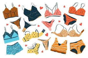 bundel van vrouw lingerie sets geïsoleerd Aan wit achtergrond. verzameling van elegant ondergoed, sexy ondergoed, bh's, bikini en slipje voor Dames. hand- getrokken kleurrijk vlak vector illustraties.