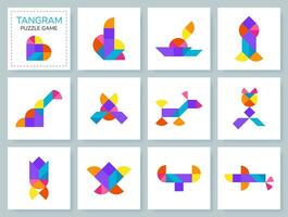 tangram puzzel spel voor kinderen. kleurrijk meetkundig verzameling met geïsoleerd voorwerpen, dieren, vervoer, vogels. tangram blad. divers pictogrammen Aan wit achtergrond. vector illustratie