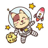 schattig aanbiddelijk gelukkig bruin kat vlieg astronaut ruimte karakter tekenfilm tekening vector illustratie vlak ontwerp stijl