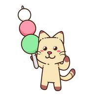 schattig aanbiddelijk gelukkig bruin kat eten Japan taart gebeld dango tekenfilm tekening vector illustratie vlak ontwerp stijl
