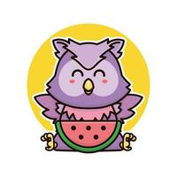 gelukkig uil vogel eten watermeloen fruit aanbiddelijk tekenfilm tekening vector illustratie vlak ontwerp stijl