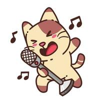 schattig aanbiddelijk gelukkig bruin kat zingen karaoke tekenfilm tekening vector illustratie vlak ontwerp stijl