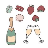 Champagne fles, twee bril met bruisend, aardbeien en bitterkoekjes. Frans nagerecht. vector illustratie in tekenfilm stijl.