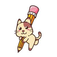 schattig aanbiddelijk gelukkig bruin kat en geel potlood tekenfilm tekening vector illustratie vlak ontwerp stijl