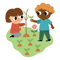 meisje en jongen zaaien fabriek icoon. schattig eco vriendelijk kinderen. kinderen aanplant een boom. aarde dag of gezond levensstijl concept. grappig tuinders decoreren tuin of park vector