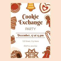 Kerstmis poster sjabloon, uitnodiging voor Kerstmis koekje ruilen feest. verticaal folder versierd met peperkoek koekjes, huis, sneeuwvlok en snoep riet, koekje Mens en vrouw vector