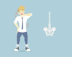 Mens hebben terug pijn, rugpijn, nek, bovenste, lager, taille pijn, anatomie van menselijk ruggengraat, Gezondheid zorg symptomen orthopedische concept, intern organen lichaam een deel, vlak vector illustratie karakter ontwerp