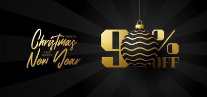 vrolijk kerstfeest grote verkoopbanner. luxe kerstuitverkoop 90 procent korting op zwarte koninklijke bannersjabloon met versierde gouden bal hangen aan een draad. gelukkig nieuwjaar en xmas vectorillustratie vector