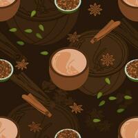 bewerkbare vector illustratie naadloos patroon van Indisch masala chai in pottenbakkerij kop met geassorteerd kruid specerijen met donker achtergrond voor zuiden Aziatisch dranken cultuur en traditie