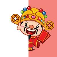 schattig Chinese nieuw jaar fortuin god Holding rood geld envelop achter een muur vector